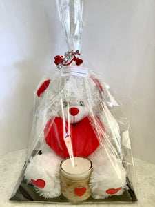 Teddy bear with hearts and a heart soy wax scented candle