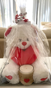 Teddy bear with hearts and a heart soy wax scented candle