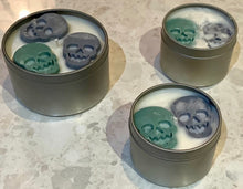 Load image into Gallery viewer, Halloween skull candles in a travel tin with lid