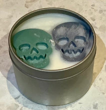 Load image into Gallery viewer, Halloween skull candles in a travel tin with lid