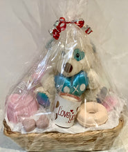 Load image into Gallery viewer, Gift pamper pack with teddy bear, Candle, bath bombs and Goat’s milk soaps