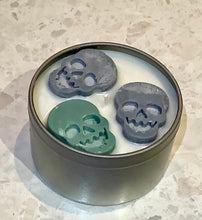 Load image into Gallery viewer, Halloween skull candles in a travel tin with lid