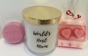 Mother’s Day pack - candle, soap and Mum bath bomb - free mum heart charm.