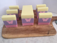 Load image into Gallery viewer, Decorative sliced goat&#39;s milk loaf soaps. Star &amp; Moon or Butterfly soap
