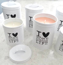 Load image into Gallery viewer, I love home, happiness, life candles- tins.