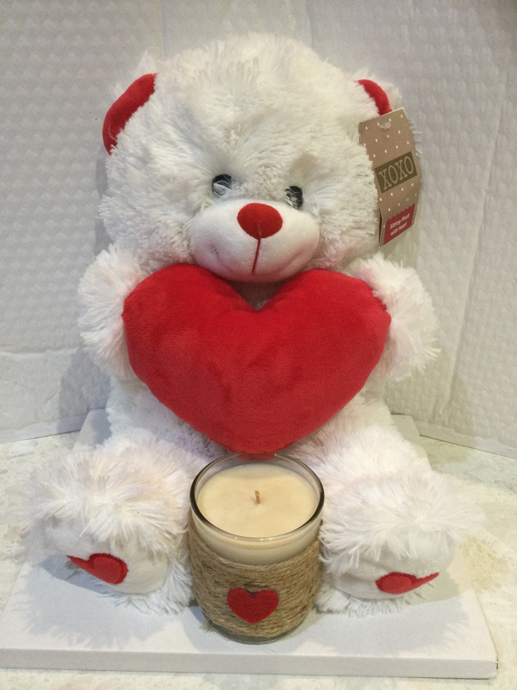 Teddy bear with hearts and a heart soy wax scented candle