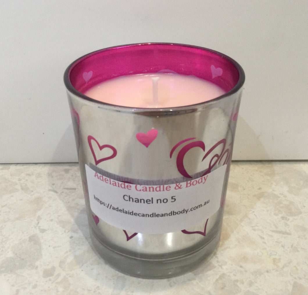 Love heart soy wax candle -Pink and silver with hearts