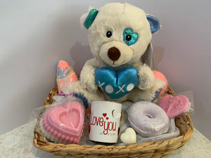 Gift pamper pack with teddy bear, Candle, bath bombs and Goat’s milk soaps