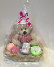 Load image into Gallery viewer, Gift pamper pack with teddy bear, Candle, bath bombs and Goat’s milk soaps